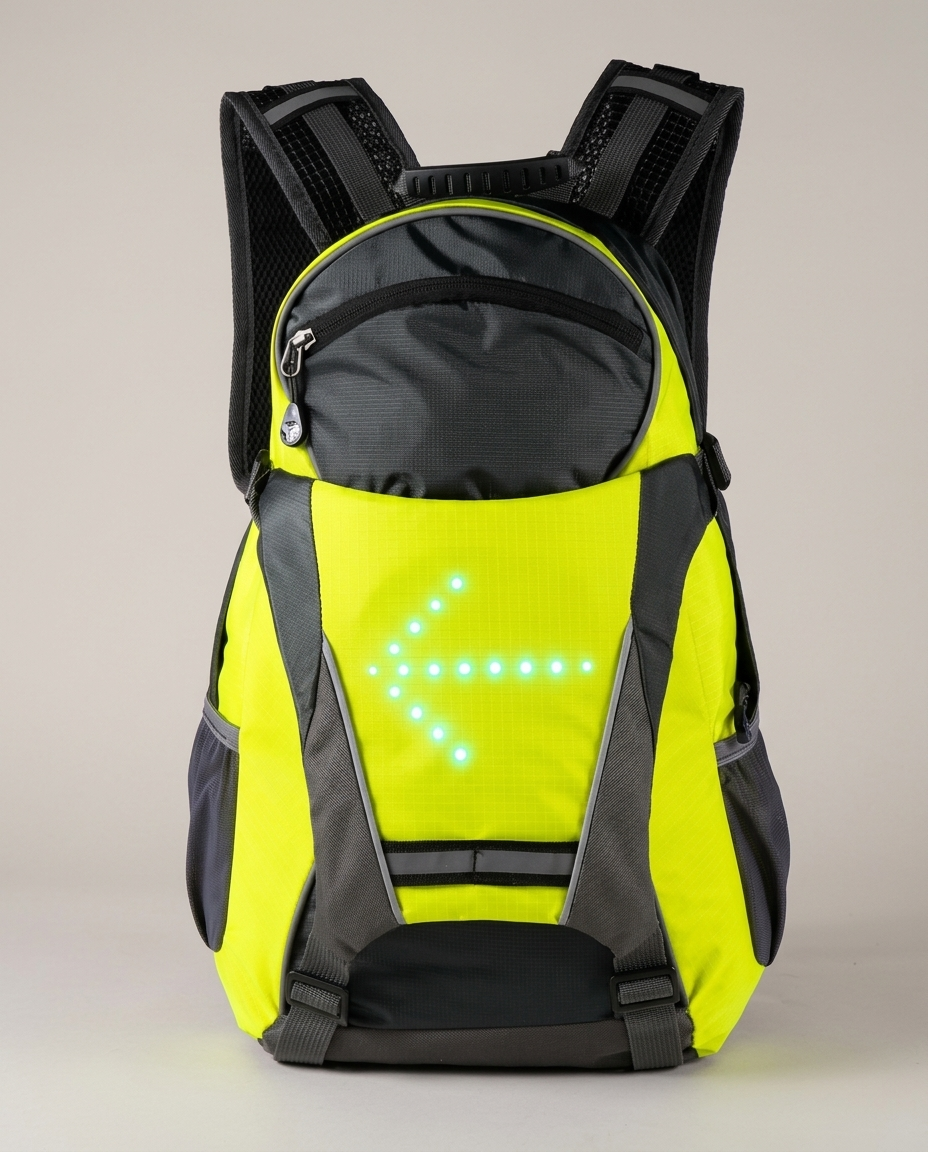 Signal Backpack in Neon Yellow with the LED arrow pointing left