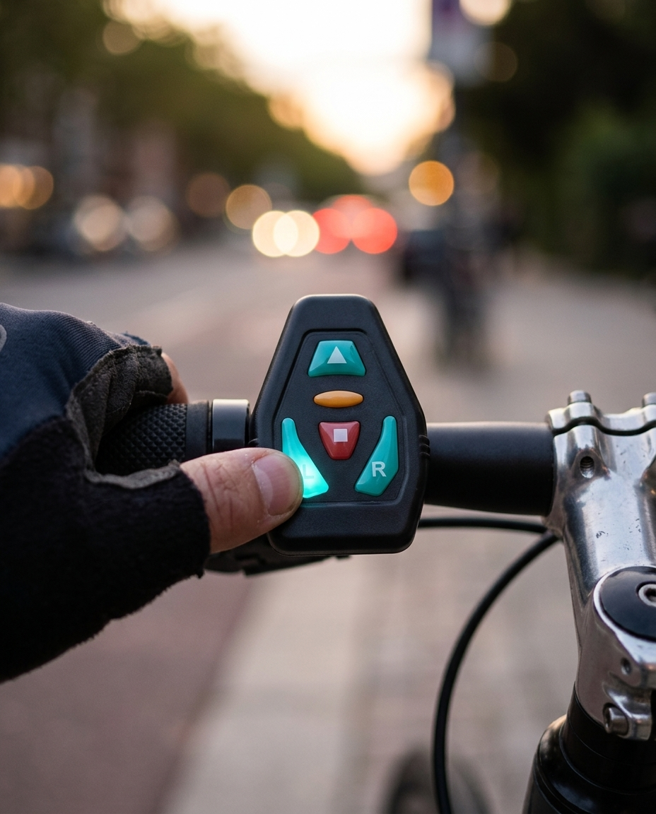 Wireless handlebar remote with L and R buttons next to the left grip