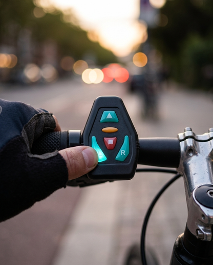 Wireless handlebar remote with L and R buttons next to the left grip