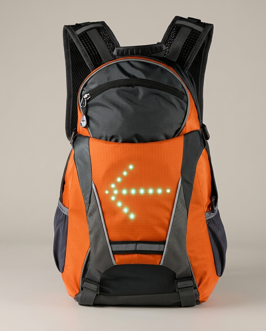 Signal Backpack in Signal Orange with the LED arrow pointing left