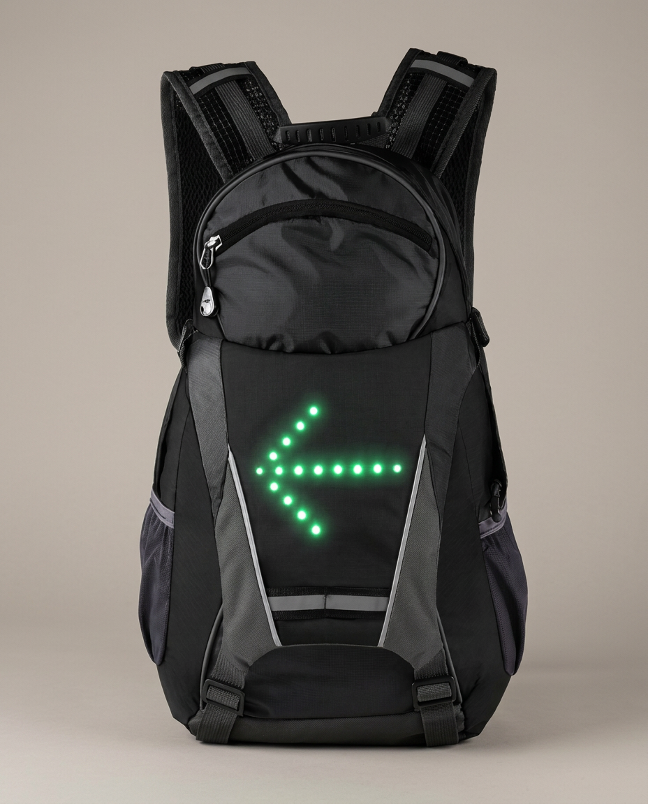 Signal Backpack in Black with the mint-green LED arrow pointing left