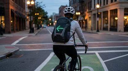 Cyclist at dusk signaling a left turn with the black Signal Backpack