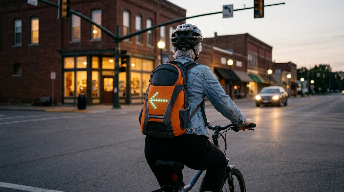 Rider signaling a left turn at a small-town intersection