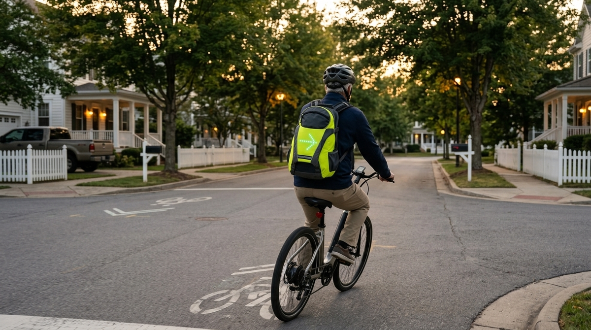 Rider on an e-bike signaling a right turn in a quiet neighborhood
